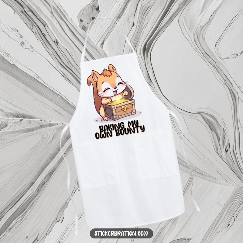 Funny Squirrel Treasure Apron: A curious squirrel in a chef hat finds a treasure chest, a humorous kitchen accessory.