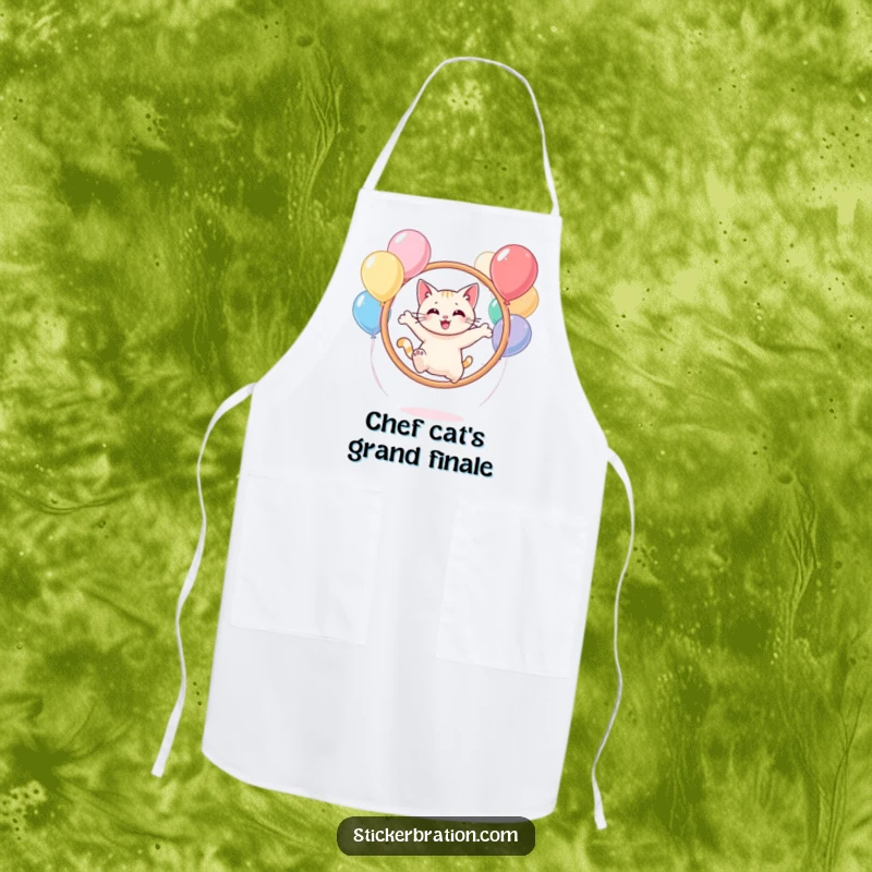 Funny cat character on an apron, leaping through a hoop of balloons, ready for joyful cooking.