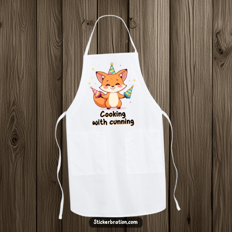 Funny apron showcasing a grinning fox character juggling shiny party hats, perfect for adding fun to cooking and baking.