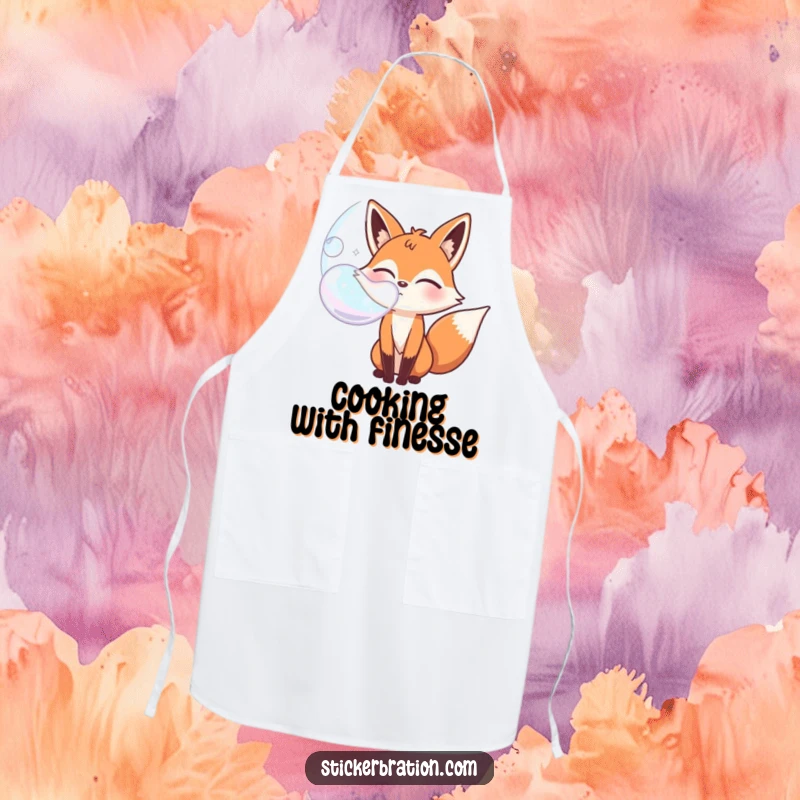 Funny bubbly fox character apron winking while blowing a giant bubble, ideal for a fun and playful cook.