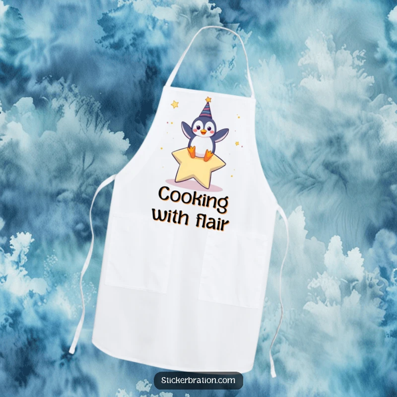 Funny apron showcasing a happy penguin character dancing on a giant star, perfect for adding fun to cooking.