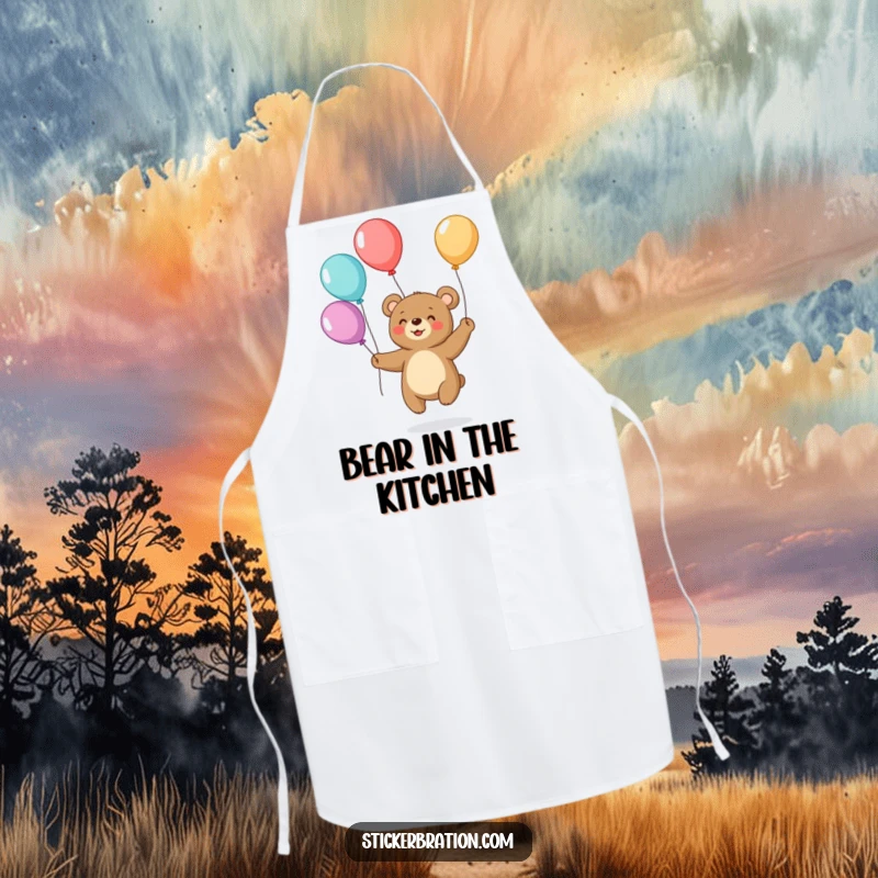 Funny apron featuring a small, smiling bear juggling colorful balloons, adding a humorous and practical touch to kitchen activities.