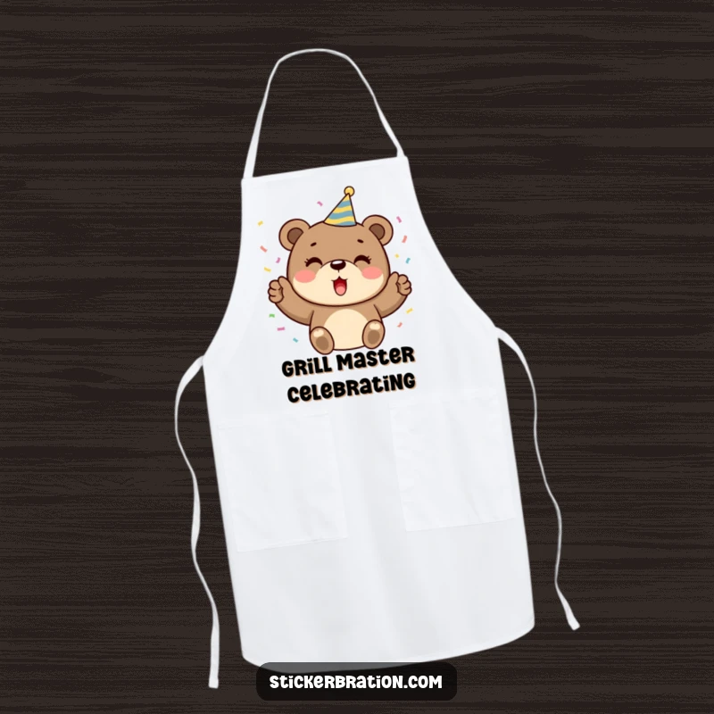 Funny apron featuring a cute bear with a party hat, joyfully throwing confetti, perfect for adding a festive touch to cooking.