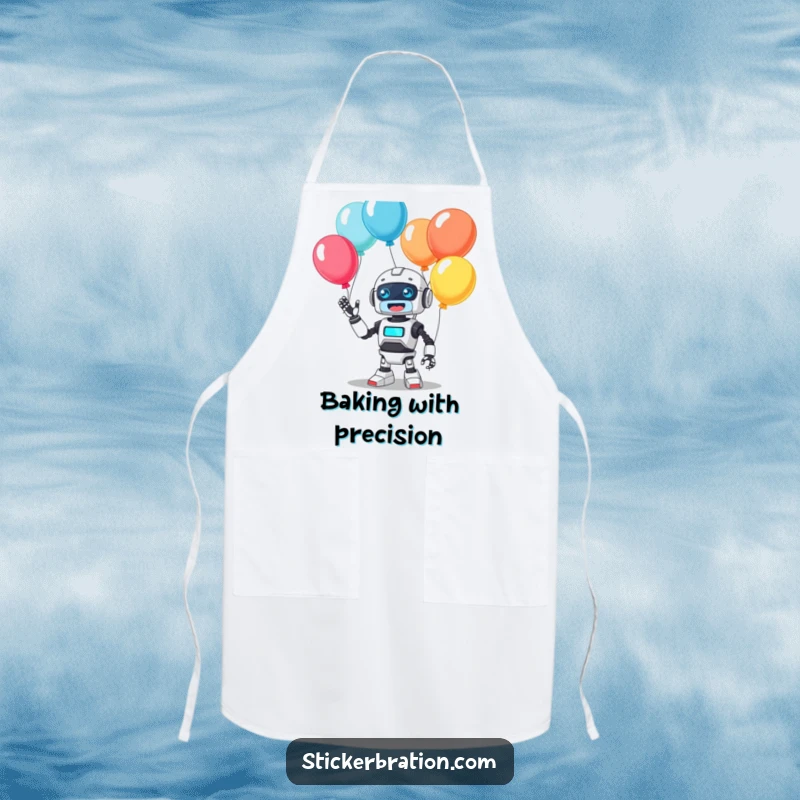 Funny apron showcasing a cute, industrious robot character enthusiastically juggling a variety of colorful balloons with a happy beep, for kitchen enjoyment.