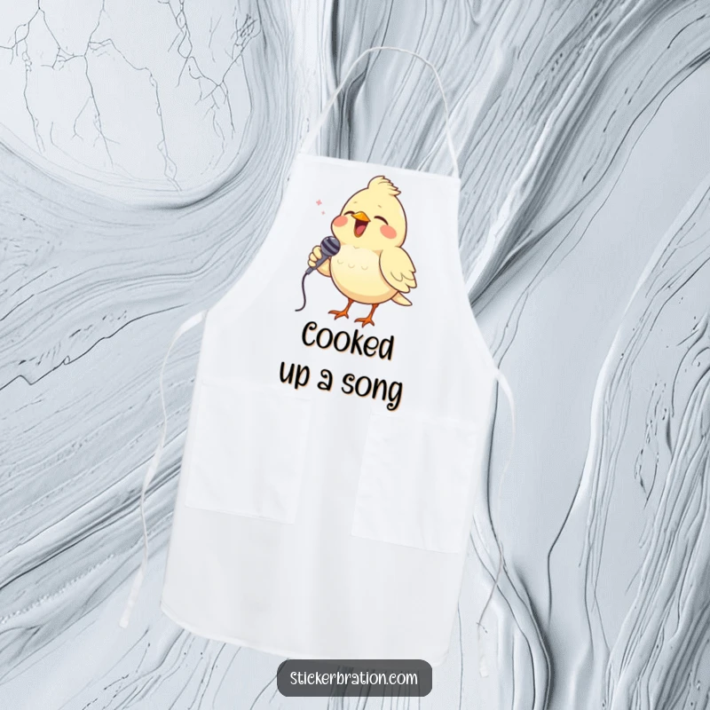 Funny apron with a cheerful bird singing into a tiny microphone, designed for cooks who enjoy musical kitchen humor.