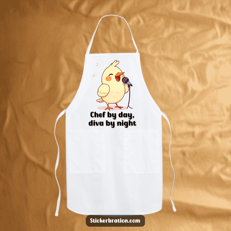 Funny bird apron featuring a happy bird singing into a small microphone, making kitchen duties more melodious and humorous.