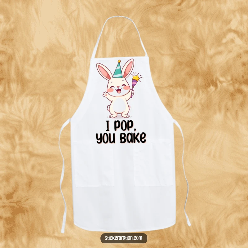 Funny bunny apron with a cheerful character holding a party popper, ready to add a touch of festive fun to any culinary creation.