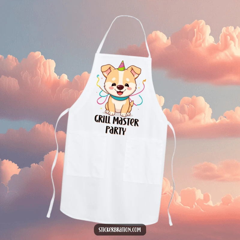 Funny apron featuring a happy dog playfully adorned with party streamers, bringing a festive and humorous touch to cooking.