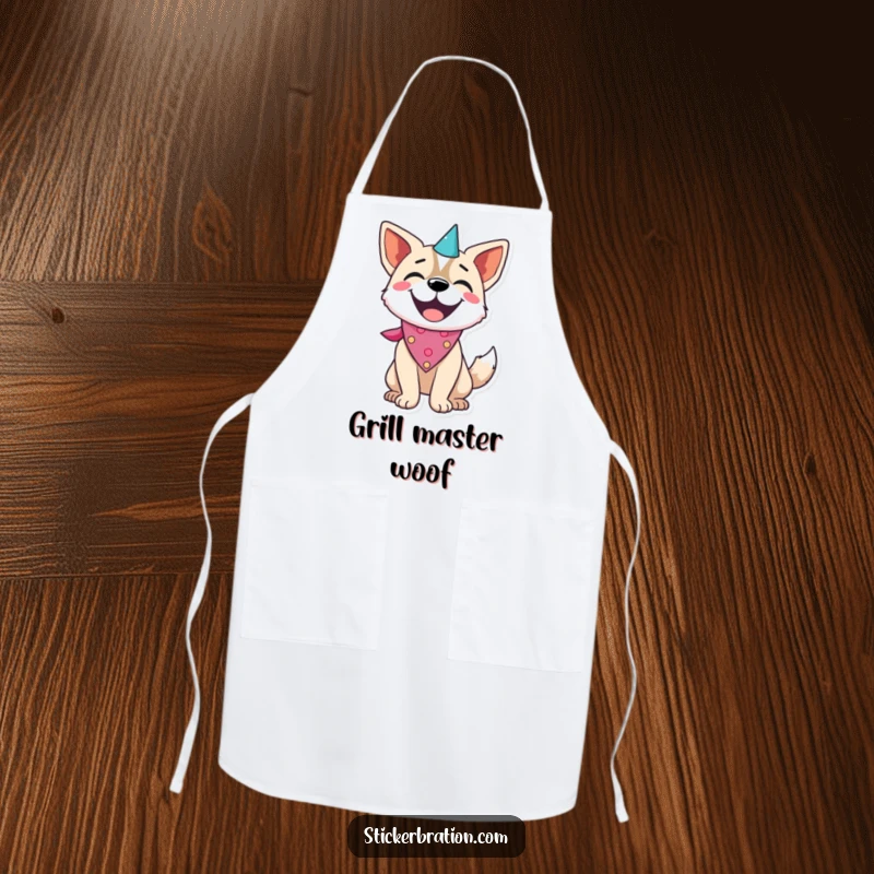 Funny dog character on an apron, wearing a party bandana and wagging its tail, ready for joyful cooking.
