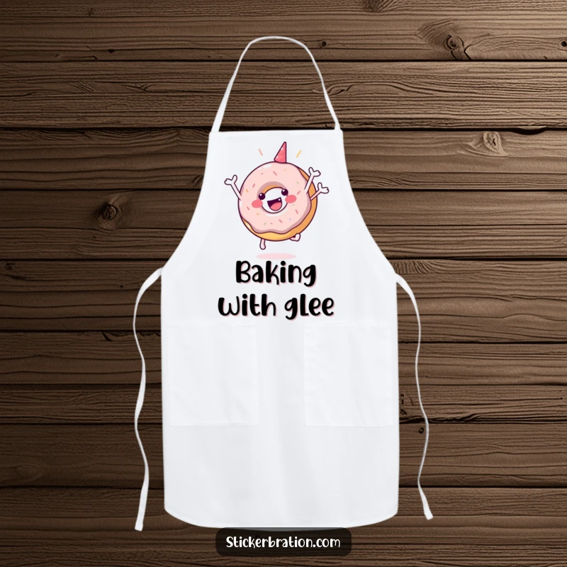 Funny apron featuring a happy donut character in a celebratory jump, adding a humorous and festive touch to cooking.