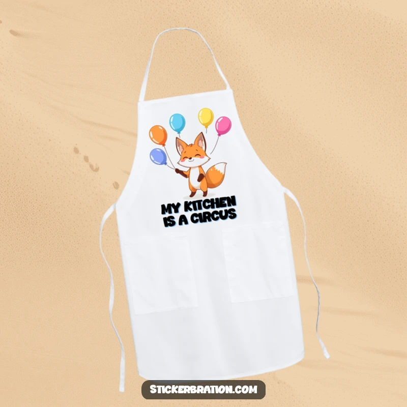 Funny fox apron with a playful character juggling colorful balloons, ideal for kitchens and adding a humorous touch.