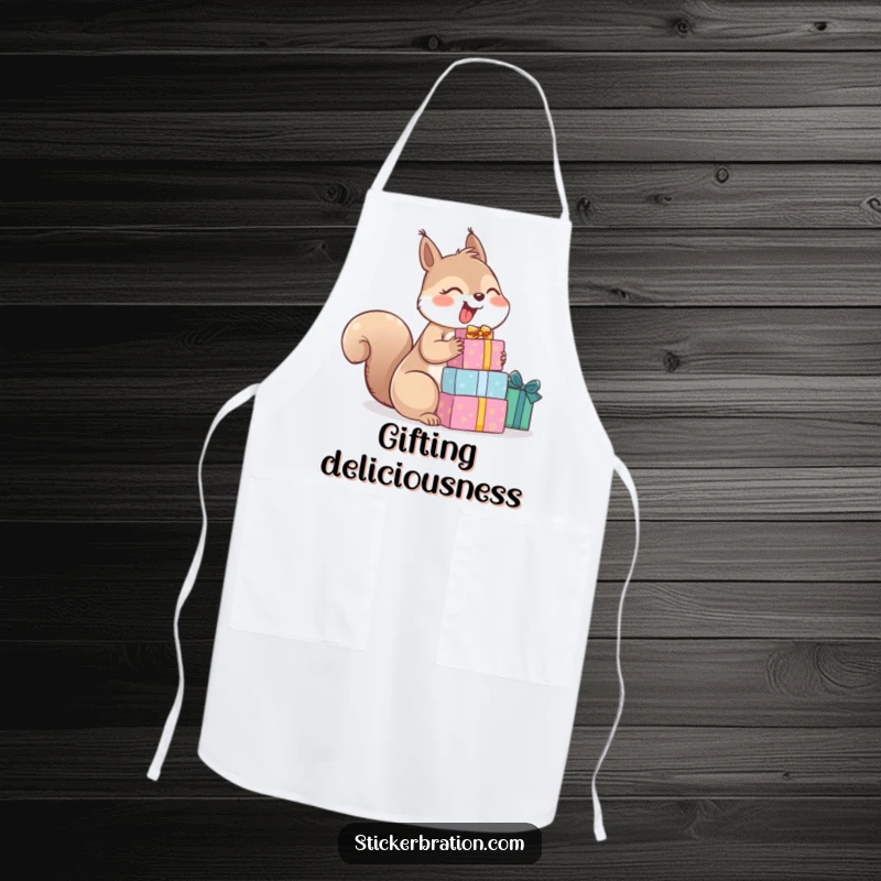 Funny apron with a giggling squirrel holding a stack of gifts, adding a humorous and festive touch to cooking.