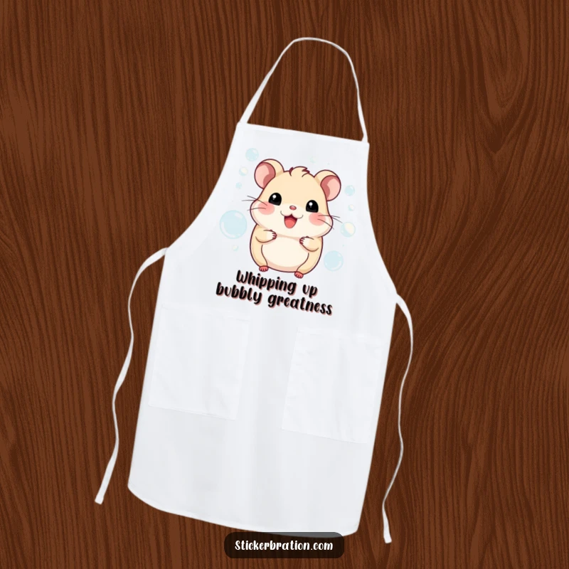 Funny hamster apron with a smiling character happily cooking amidst a bubbly kitchen scene. Practical and full of personality.