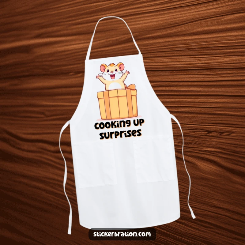 Funny hamster apron featuring an excited hamster joyfully bouncing on a large present, bringing humor and energy to the kitchen.