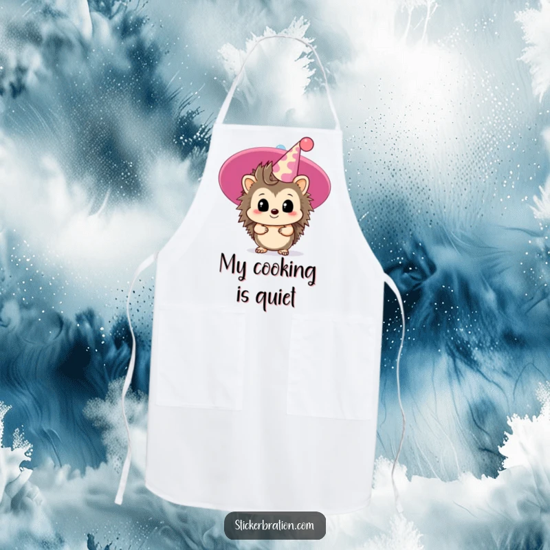 Funny hedgehog apron with a timid character peeking from behind a giant party hat, ideal for kitchens and gentle humor.