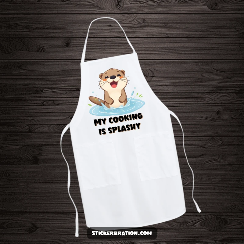Funny otter apron with a happy character splashing in a puddle, ideal for kitchens and adding a humorous touch.
