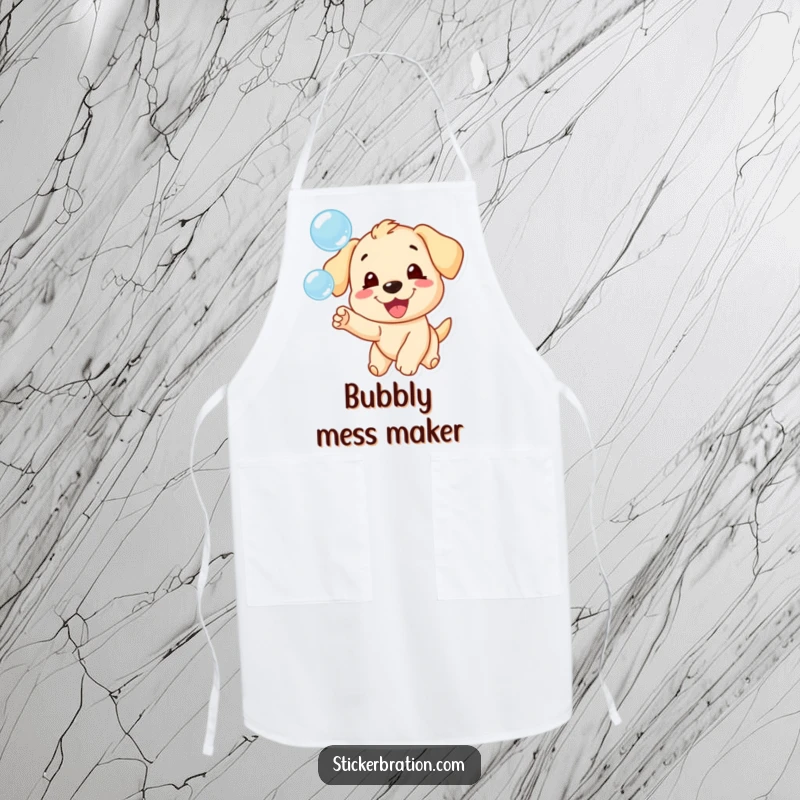 Funny kitchen apron illustrating a cheerful puppy character gleefully chasing a playful swarm of iridescent bubbles.