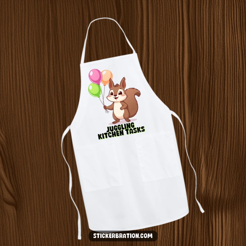 Funny squirrel apron with a mischievous character juggling colorful balloons, adding a touch of playful charm to any cooking or baking session.