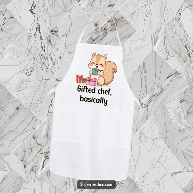 Funny apron with a giggling squirrel holding a stack of gifts, designed for cooks who enjoy festive kitchen humor.