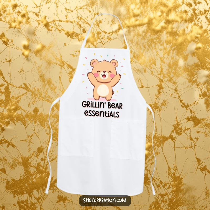 Funny cute bear character apron joyfully tossing confetti in the air, ideal for a fun and festive cook.