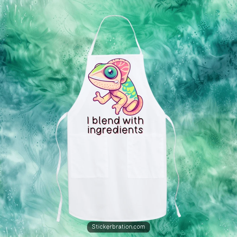 Funny chameleon apron depicting a cute, happy chameleon expertly changing colors while cooking, a joyful kitchen accessory.