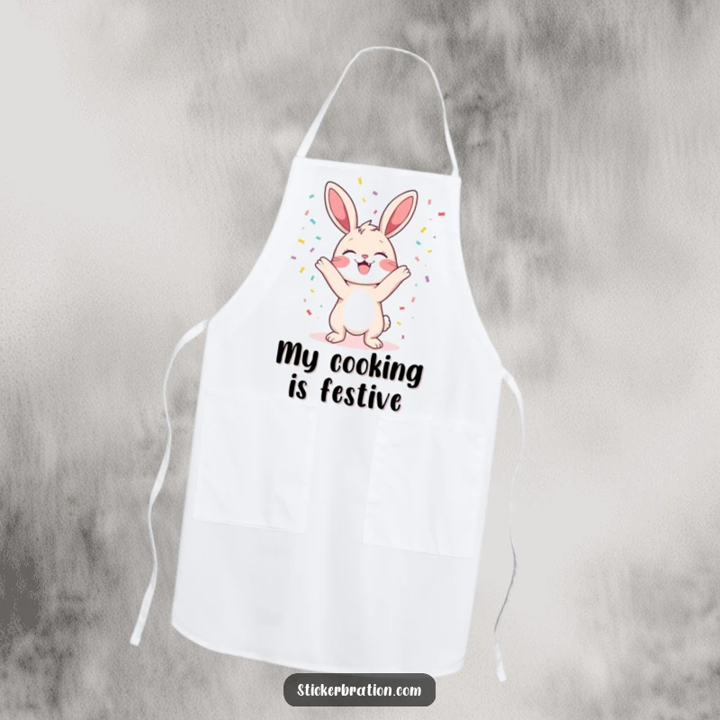 Funny bunny apron with a character gleefully tossing confetti, perfect for cooking and adding humor to the kitchen.