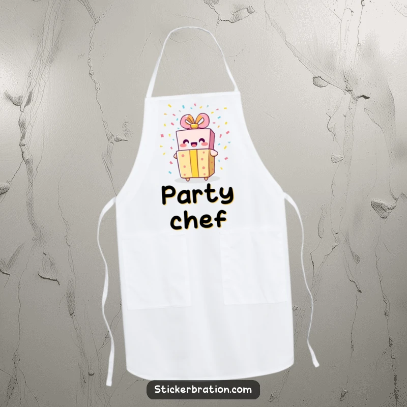 Funny gift box apron showing a smiling character bursting with confetti, designed for kitchen fun and protection during celebrations.