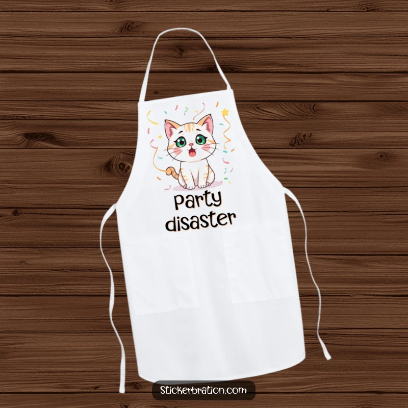 Funny cat wearing an apron, looking surprised amidst streamers while cooking in a kitchen.
