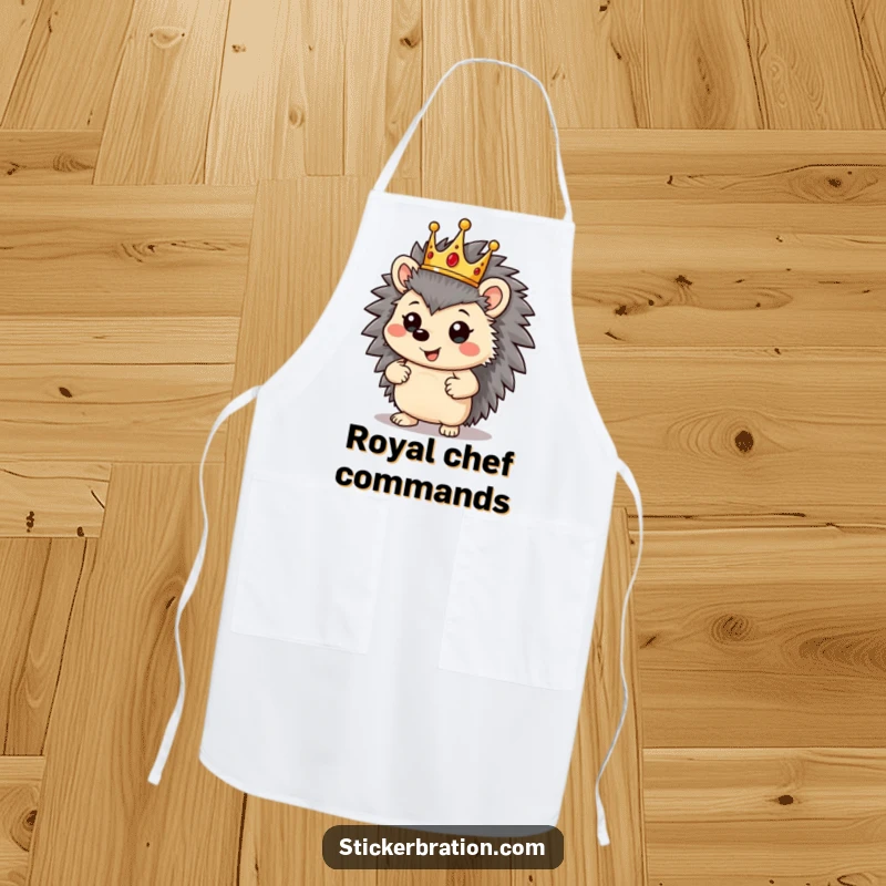 Funny hedgehog character on an apron, wearing a crown and striking a proud pose, ruling the kitchen.