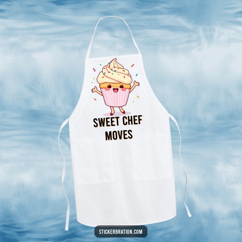 Funny cupcake apron featuring a dancing character happily showering sprinkles, ideal for keeping clothes clean with a sweet and cheerful theme.