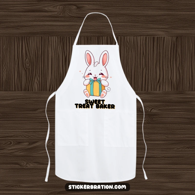 Funny apron showcasing a chubby bunny character excitedly unwrapping a gift, ready to add joy to any culinary creation.