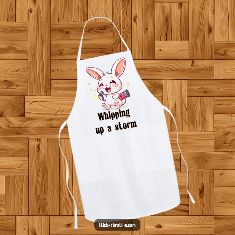 Funny apron featuring an excited bunny with large ears holding a sparkling noisemaker, bringing a festive and fun element to the kitchen.