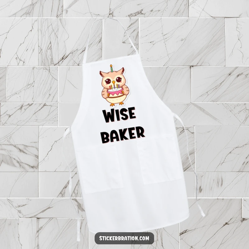 Funny cheerful owl wearing an apron, holding a birthday cake while baking in the kitchen.