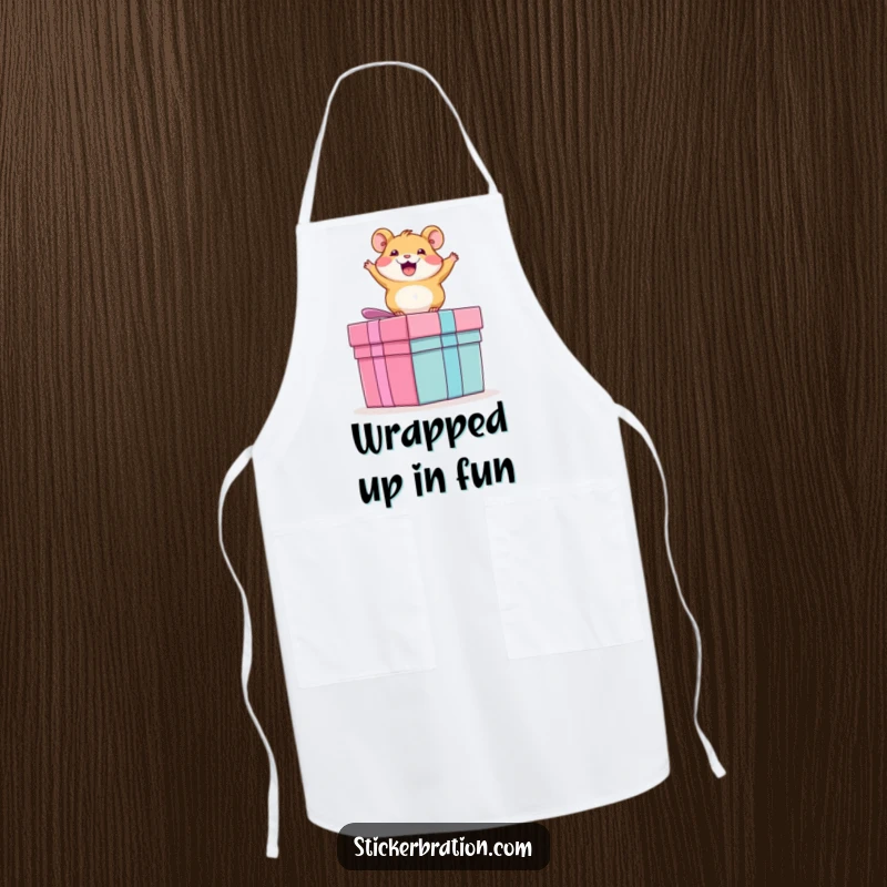 Funny apron illustration of an extremely excited hamster energetically bouncing on a huge present, ready to whip up something special.
