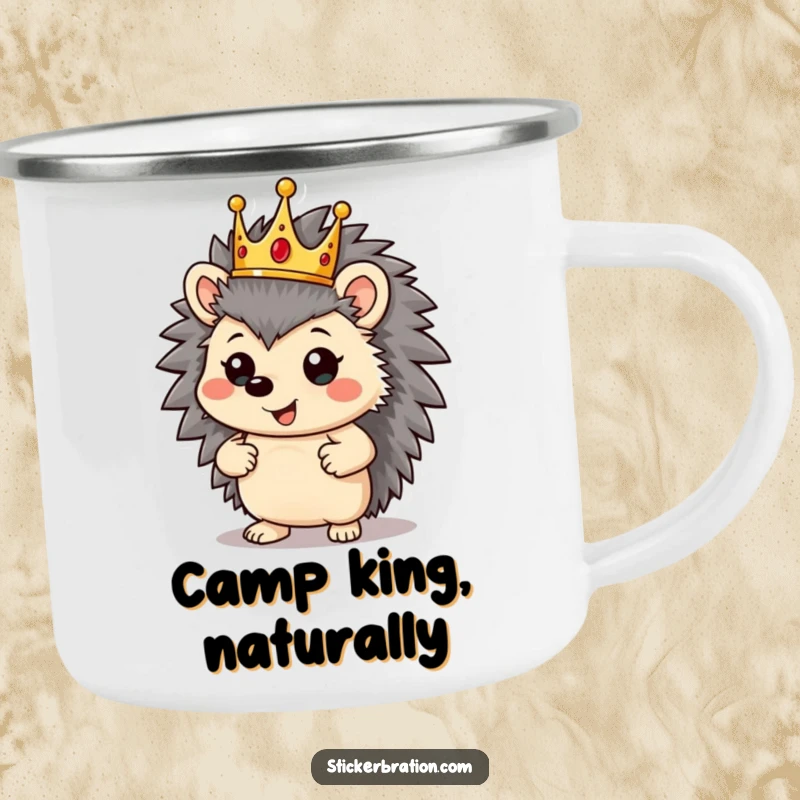 Funny hedgehog character on a camping mug, wearing a crown and striking a proud pose, for royal camping.