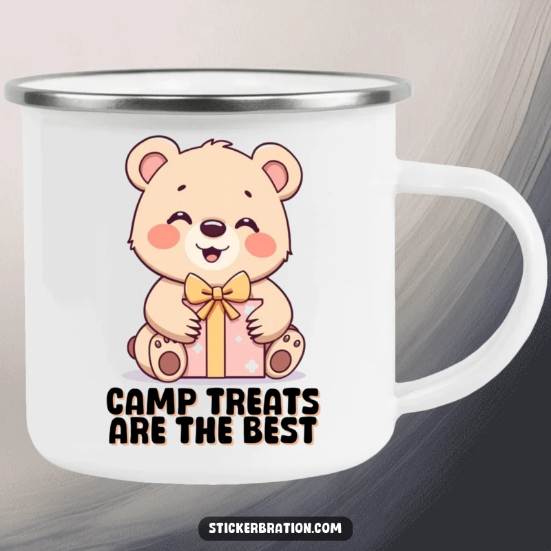 Funny bear cub camping mug with a character excitedly unwrapping a gift box, durable and cheerful for outdoor use.