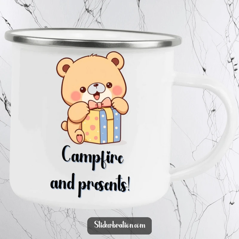 Funny camping mug featuring a chubby bear character excitedly opening a gift box, perfect for enjoying drinks outdoors.