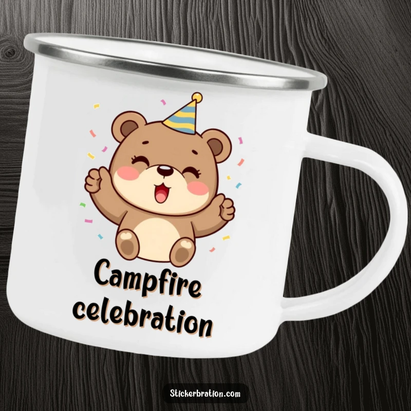 Funny camping mug showing a cheerful bear in a party hat, tossing confetti, bringing celebratory fun to any outdoor setting.
