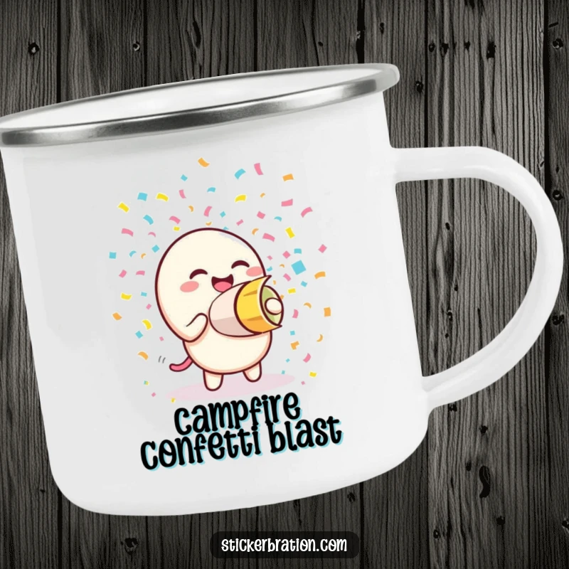 Funny camping mug showcasing a giggling confetti cannon character erupting with colorful confetti, perfect for outdoor celebrations and warm drinks.