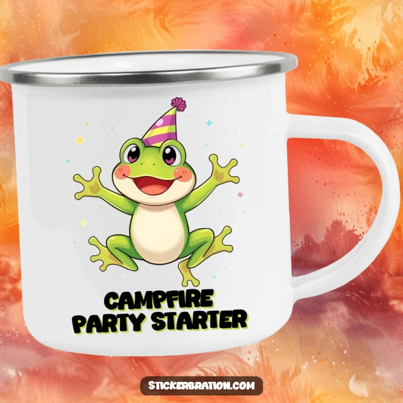 Funny camping mug showing a happy frog with a party hat, mid-jump, surrounded by a dazzling cascade of glitter.