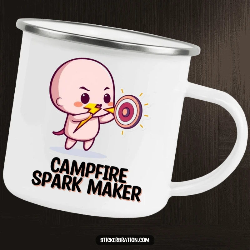 Funny camping mug featuring a playful lightning bolt character striking a tiny target, ideal for outdoor enthusiasts seeking humor.