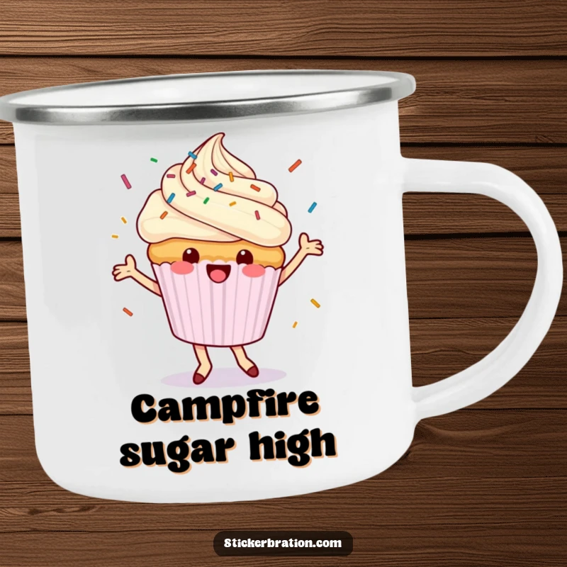 Funny cupcake camping mug depicting a dancing character happily showering sprinkles, ideal for enjoying drinks during outdoor adventures.