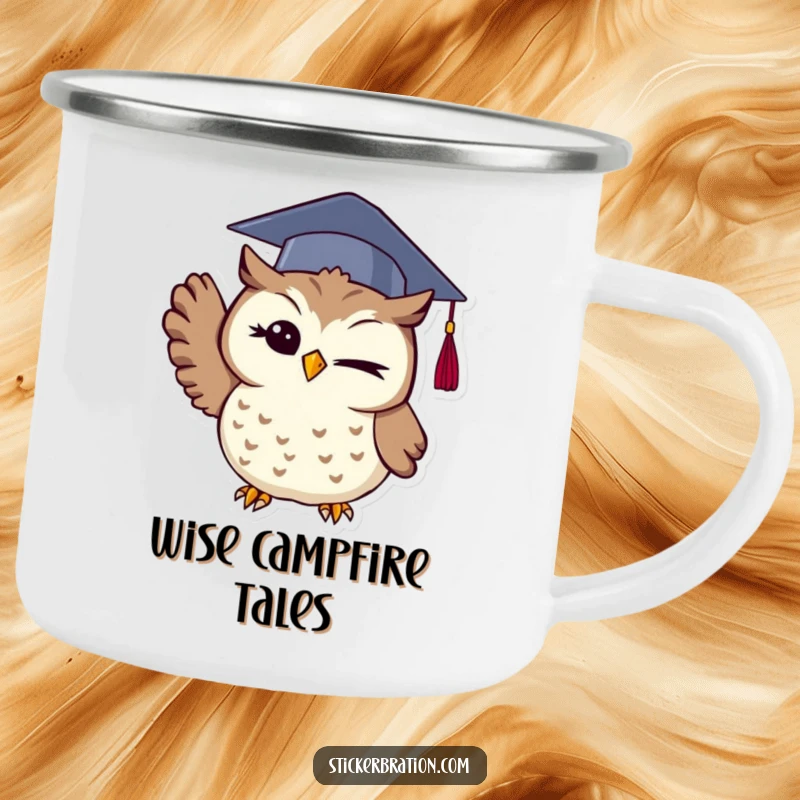 Funny owl camping mug depicting a winking graduate owl wearing a cap and tossing it up, ideal for enjoying drinks during outdoor celebrations.
