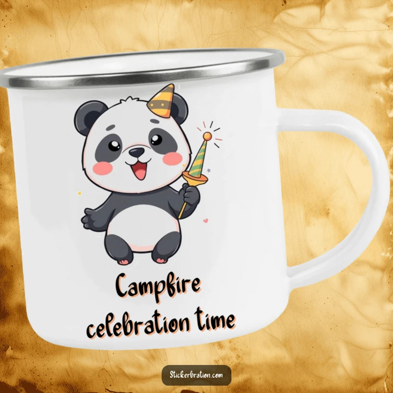 Funny panda camping mug with a cheerful character setting off a party popper, ready for outdoor fun. Durable and festive.