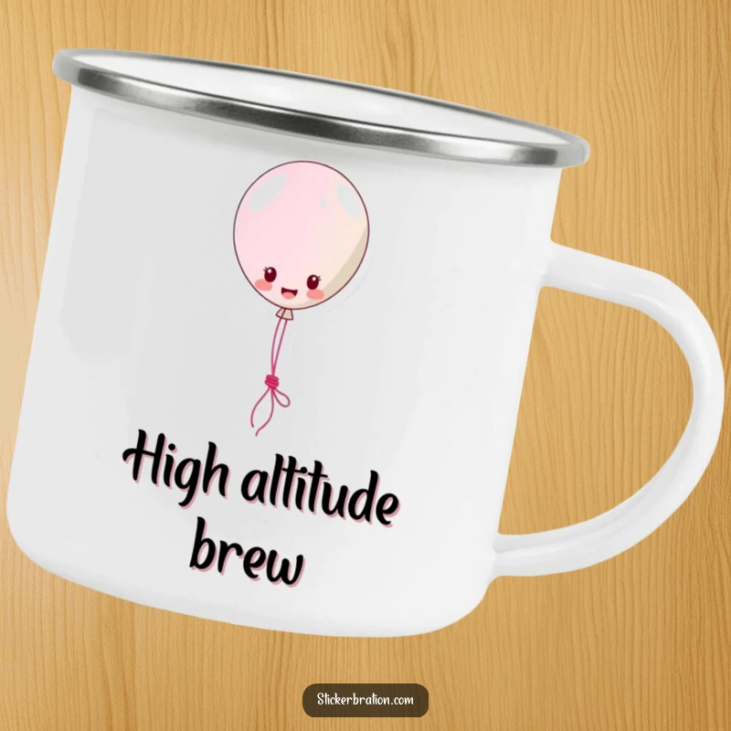 Funny Camping Mug: A resilient balloon sticker character happily floats, lassoing a string, ready for any outdoor adventure.