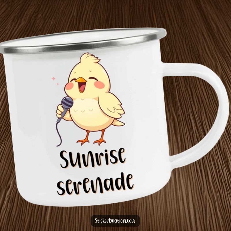 Funny camping mug showing a cheerful bird singing into a tiny microphone, perfect for outdoor enthusiasts who love humor.