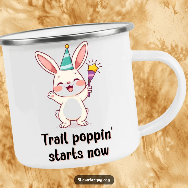 Funny bunny camping mug with a cheerful character holding a party popper, perfect for enjoying beverages around the campfire with a dose of humor.