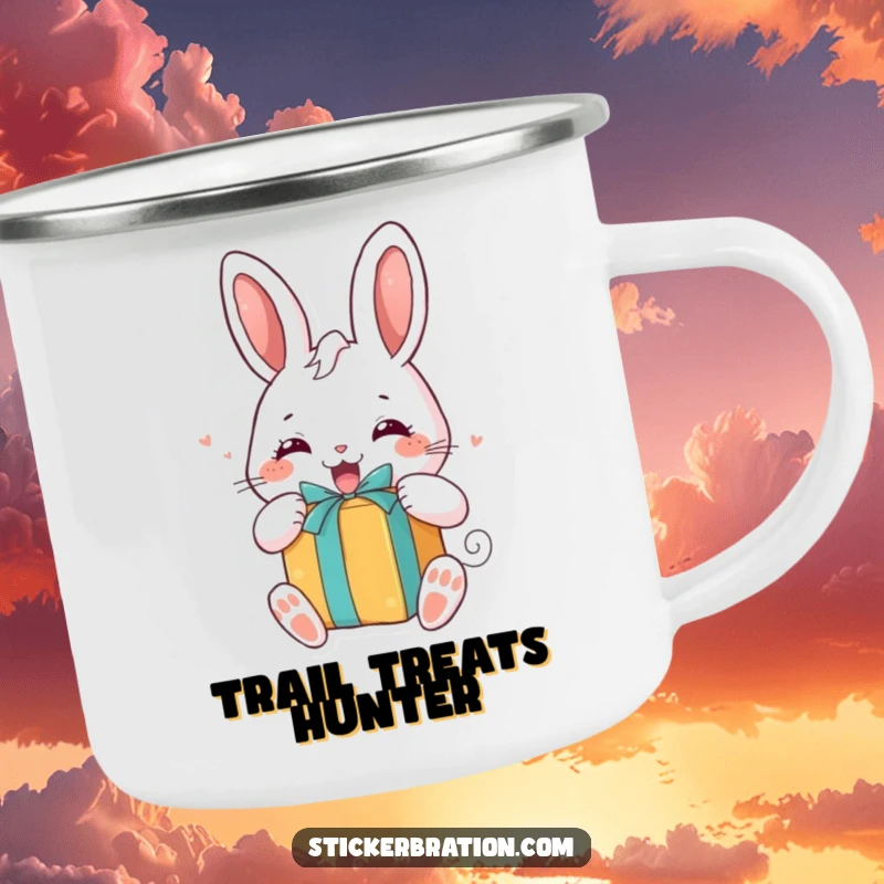 Funny camping mug featuring a chubby bunny character excitedly unwrapping a gift, ideal for cheerful outdoor sipping.