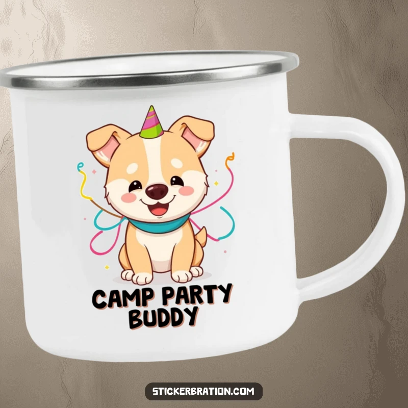 Funny camping mug showing a happy dog playfully adorned with party streamers, bringing celebratory fun to any outdoor setting.