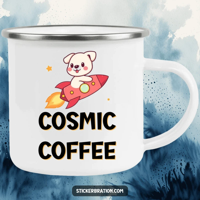 Funny cute dog riding a tiny rocket on a camping mug, enjoying a space adventure outdoors.